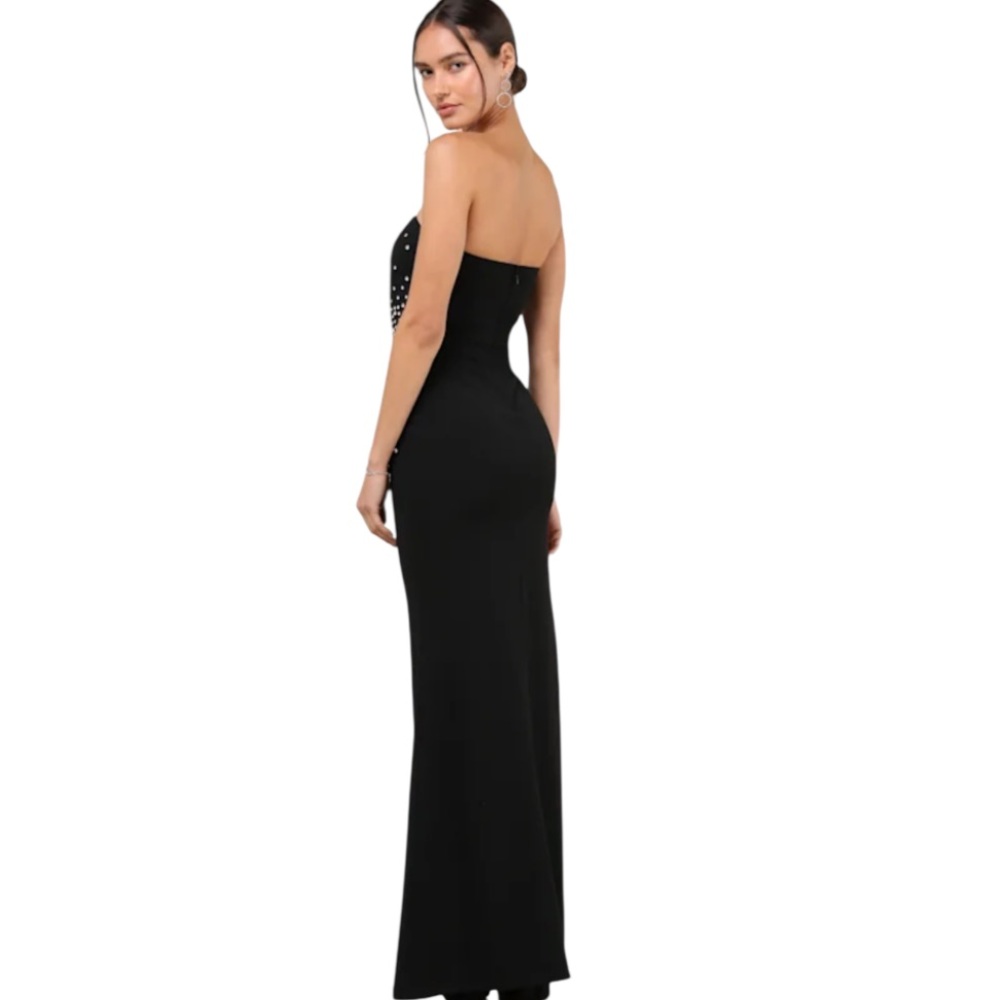 New Lulus Black Rhinestone Strapless Bustier Maxi Glam Dress XS - Picture 4 of 6